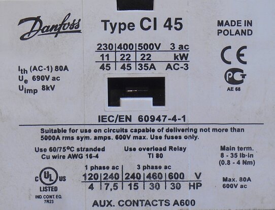 Danfoss CI 45 Magneetschakelaar 220-230V 50Hz 45A 3P