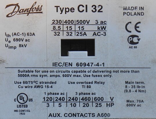 Danfoss CI 32 Magneetschakelaar 220-230V 50Hz 63A 3P 037H006131