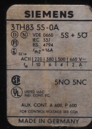 Siemens 55E 3TH83 55-0A magneetschakelaar 5NO 5NC 220V 50Hz 264V 60Hz 16A