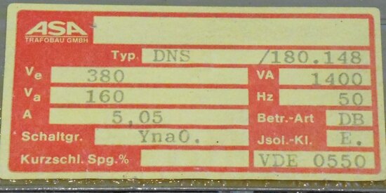 ASA DNS 180.148 transformer 380/160V 50Hz 1400VA 5,05A