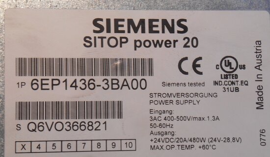Siemens 6EP1436-3BA00 AG SITOP power 20 400-500V 3AC 1.3A, 24V DC/20A