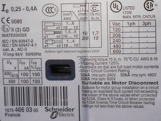 Telemecanique GV2ME03 Motor protection switch range 0.25-0.40A