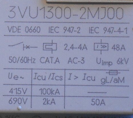 Siemens 3VU1300-2MJ00 motorstarter protector 2,4-4,0A 2NO
