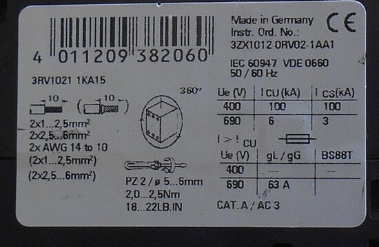 Siemens 3RV1021-1KA15 Motor protection 9-12 5A 3P 2NO 2NC