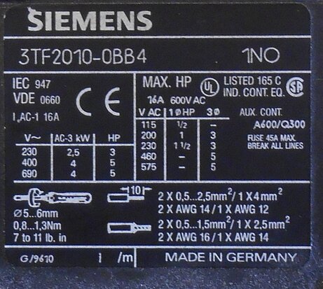Siemens 3TF2010-2BB4 magneetschakelaar 1NO 10E 16A
