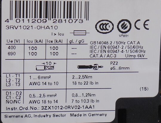 Siemens 3RV1021-0HA10 Motorbeveiligingsschakelaar 0,55 - 0,8 A 3P