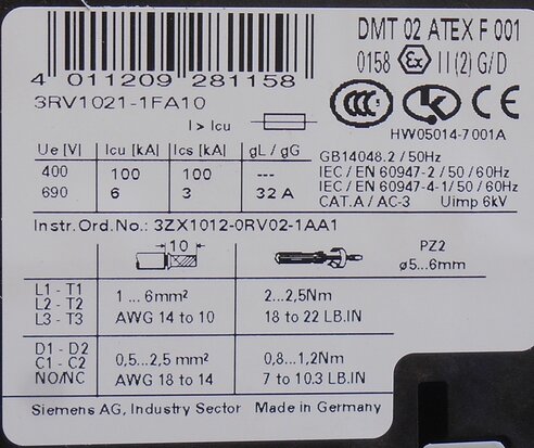 Siemens 3RV1021-1FA10 Motorbeveiligingsschakelaar 3,5 - 5 A 3P