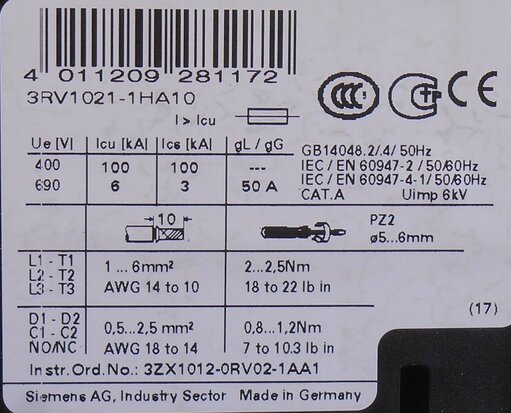 Siemens 3RV1021-1HA10 motor protection switch 5,5 - 8 A 3P