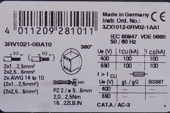 Siemens 3RV1021-0BA10 motor protection switch 0,14 - 0,2 A 3P