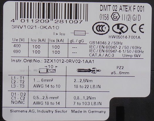 Siemens 3RV1021-0KA10 Motorbeveiligingsschakelaar 0,9 - 1,25 A 3P