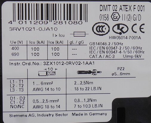 Siemens 3RV1021-0JA10 Motorbeveiligingsschakelaar 0,7 - 1 A 3P
