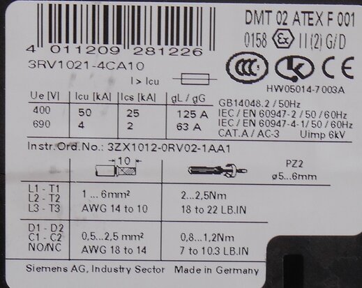 Siemens 3RV1021-4CA10 motor protection 17 - 22 A 3P