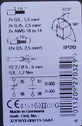 Siemens 3RU1116-1AB0 thermisch overbelasting relais 1,1-1,6A 1NC+1NO