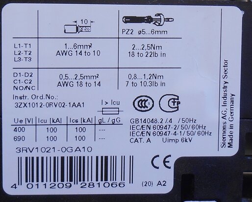 Siemens 3RV1021-0GA10 Motor protection switch 0,45 - 0,63 A 3P