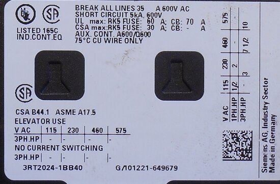 Siemens 3RT2024-1BB40 contactor 3P 24V DC 1NO+1NC