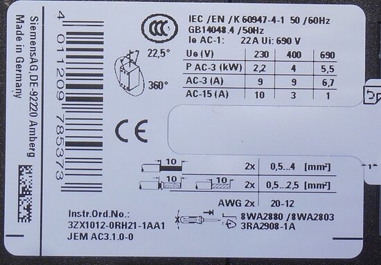 Siemens 3RT2016-2BB42 magneetschakelaar 3P 1NC, 4KW/400V, DC 24V