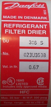 Danfoss DU 306S filter drier 0,67 liter 023U3538