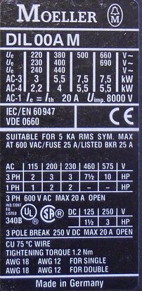 Moeller DIL00AM contactor 230V50/60 3P 20A