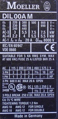 Moeller DIL00AM magneetschakelaar 230V50/60 3P 20A