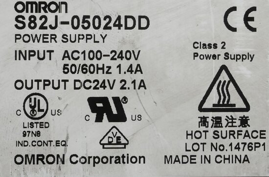 OMRON S82J-05024DD voeding AC 100-240V 1.4A, DC 24V 2.1A