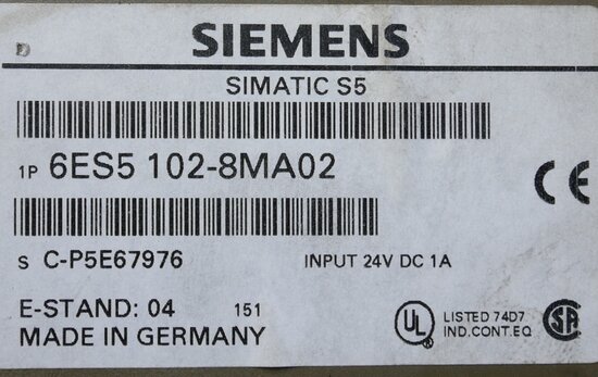 Siemens 6ES5 102-8MA02 SIMATIC S5-100U CPU 102 Compact Controller