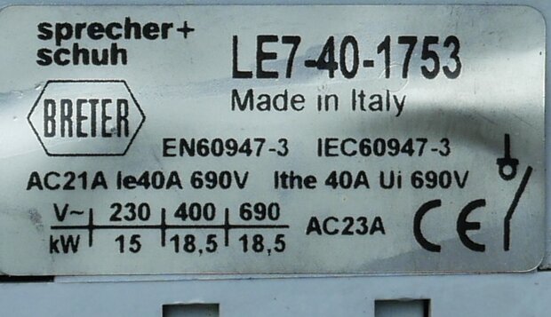 Sprecher + Schuh LE7-40-1753 Elektromechanische schakelaar NO / NC 3P Ontkoppelingsschakelaar 40A