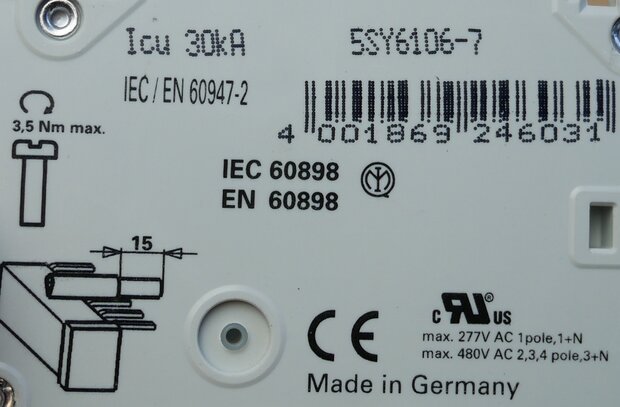 Siemens 5SY61 MCB C6 installatieautomaat 1P 6A