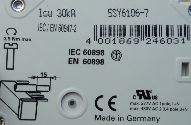 Siemens 5SY61 MCB C6 circuit breaker 1P 6A