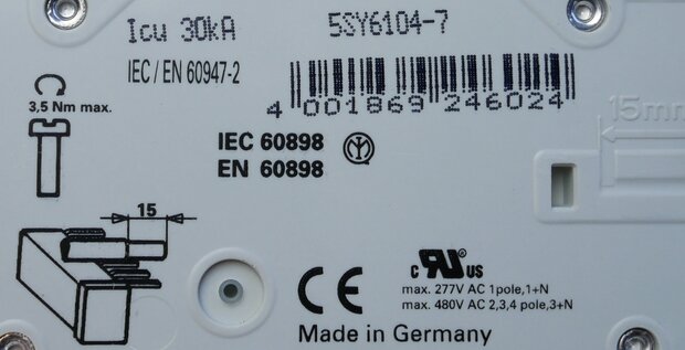 Siemens 5SY61 MCB C4 installatieautomaat 1P 4A