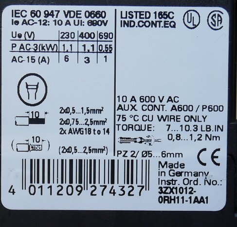 SIEMENS 3RH1131-1BB40 magneetschakelaar 3NO-1NC 24V DC 10A