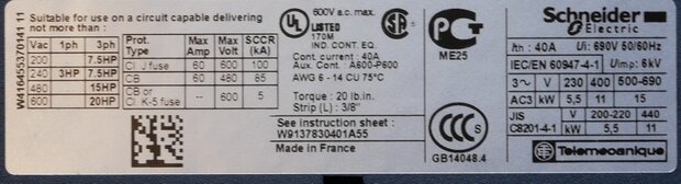 Schneider Electric LC1D25Y7 contactor 25a 1NO + 1NC 690V 50 / 60HZ
