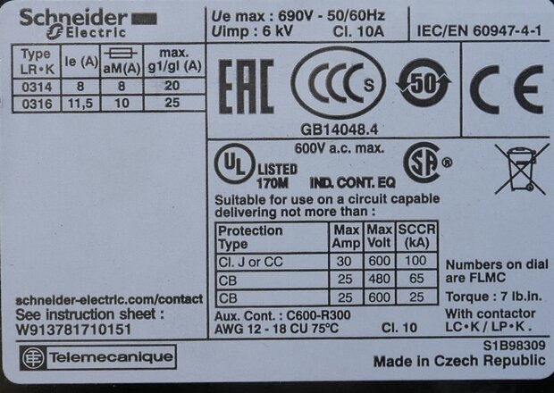 Schneider Electric LR2K0314 thermal overload relay 1NO - 1NC