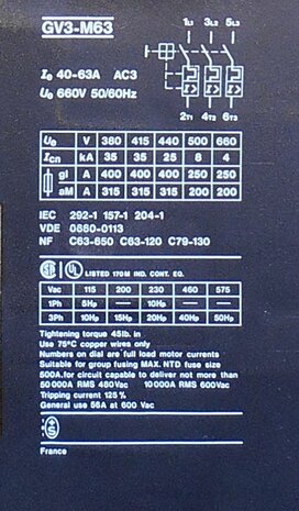 Telemecanique motor protection GV3-M63 40-63A