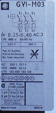 Telemecanique motor protection GV1-M03 0.25-0.4AMP 660 VAC 50 / 60HZ