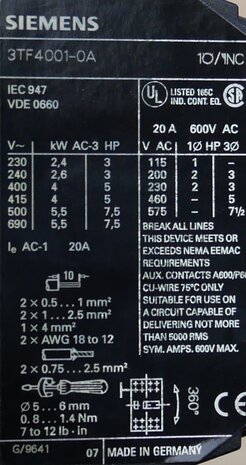 Siemens 3TF4001-0A magneetschakelaar 3P 1NC 42V-50V, 3TF40