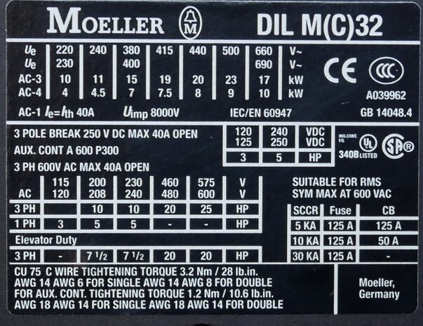 Moeller DIL M (C) 32 contactor 230/240V 3P 1NO 40A