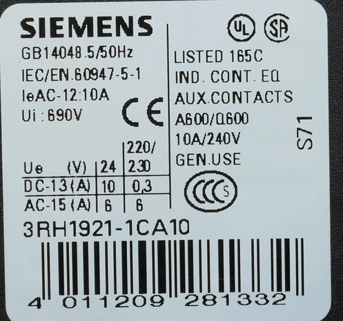 Siemens 3RH1921-1CA10 auxiliary contact block 1NO, 3RH19211CA10