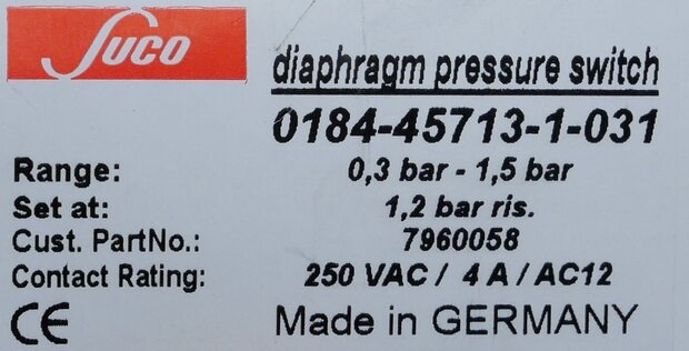 Suco 0184-45713-1-031 pressure switch 0.3 bar - 1.5 bar 250V AC 4A
