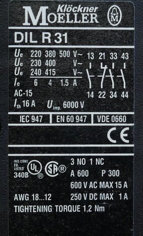 Klockner Moeller DILR31 contactor 3NO+1NC 24V 16A