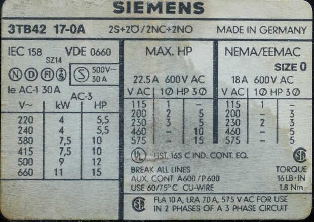 Siemens 3TB42 17-0A contactor 24V 2NO+2NC