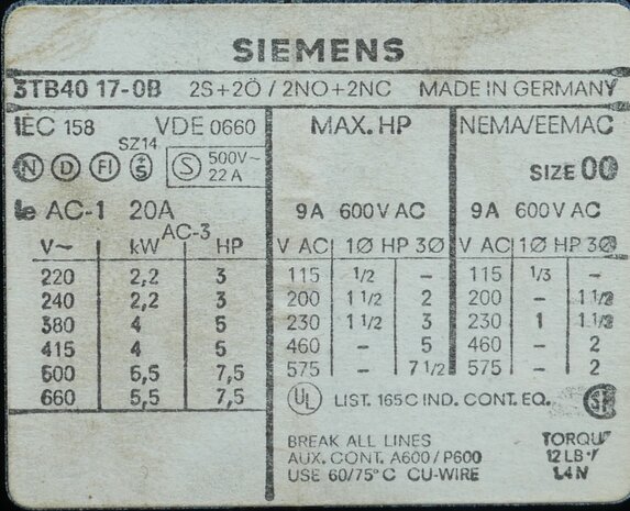 Siemens 3TB40 17-0B contactor 24V DC 2NO + 2NC