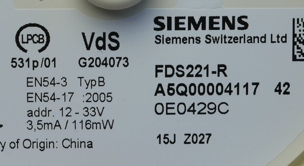 Siemens FDS221-R Alarmgever rood, Lusgevoede alarmgever.Werkt op C net FC360/720