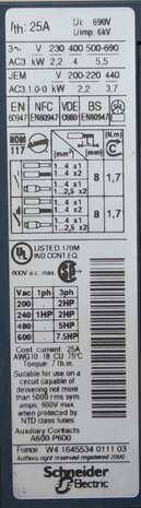 Telemecanique LC1D09 contactor V7 400V 50 / 60HZ 25A 3P 1NO + 1NC