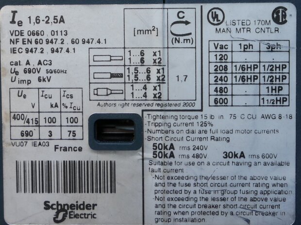 Telemecanique GV2ME07 motor beveiliging schakelaar 1,6-2,50A