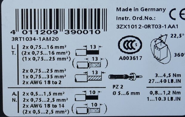 Siemens 3RT1034-1AM20 Power Contactor AC-3 32 A, 15 kW / 400 V, 208 V AC 50 / 60 Hz, 3P