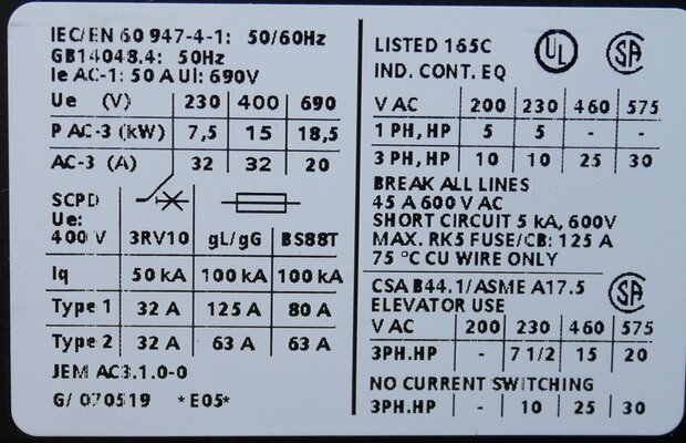 Siemens 3RT1034-1AM20 Power Contactor AC-3 32 A, 15 kW / 400 V, 208 V AC 50 / 60 Hz, 3P