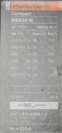 Merlin Gerin Schneider NS630NA Lastscheidingsschakelaar 630A 690V AC, 33430