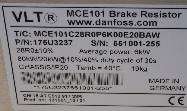 Danfoss 175U3237 VLT Brake Resistor MCE 101, MCE101C28R0P6K00E20BAW