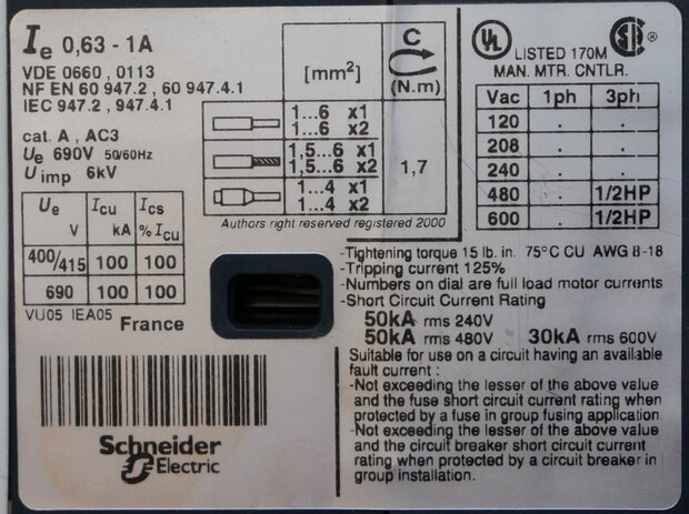 Telemecanique GV2ME05 Motor protection switch 0.63-1A