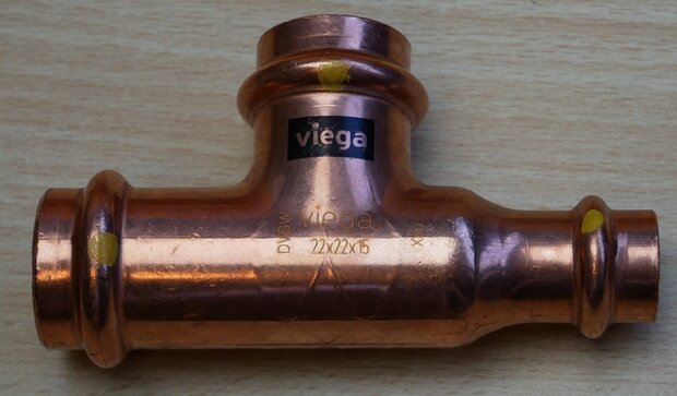 Viega Profipress G T-piece, 22 x 22 x 15 mm copper, gas, press fitting